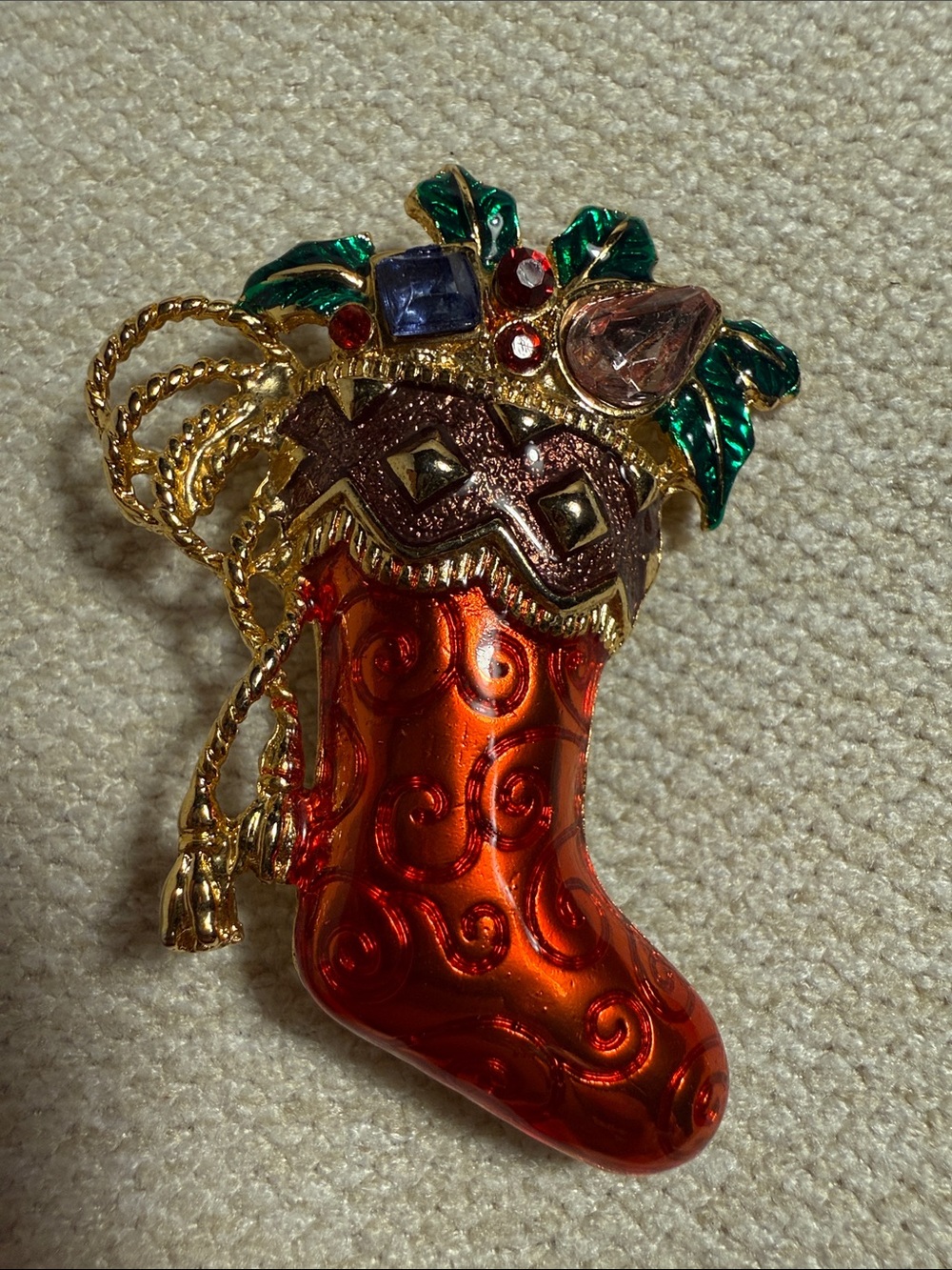 Christopher Radko Red and Gold Jeweled Stocking Brooch